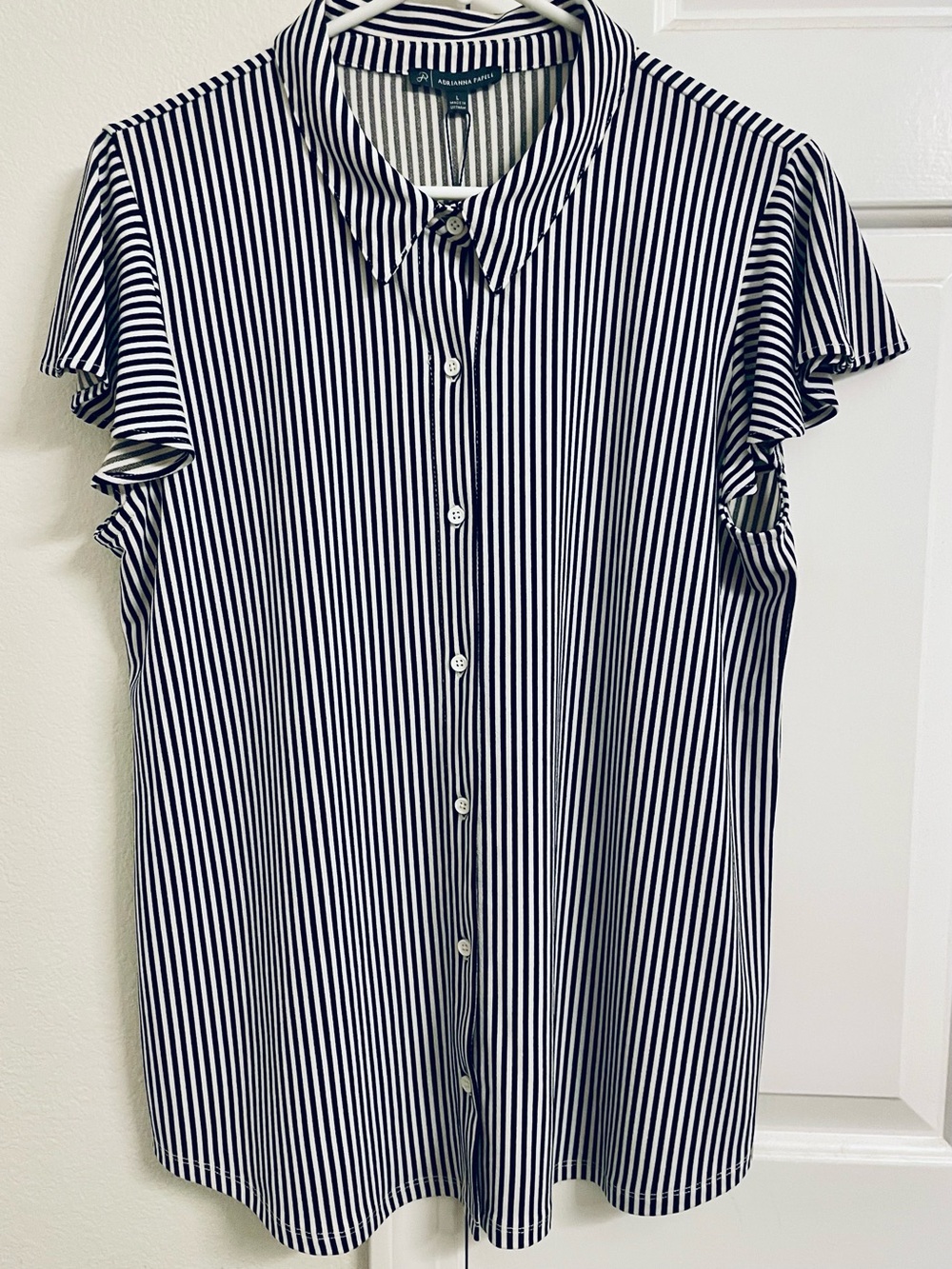 Adrianna Papell Black and White Vertical Stripe Button-Front Blouse